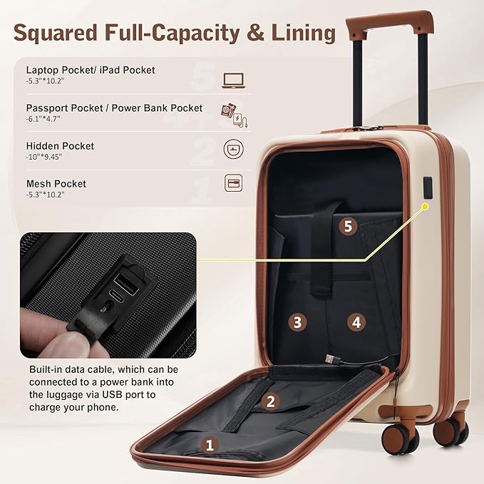 Merax Luggage Sets 5 Piece Front Open, Hardside 20" Carry On Suitcase Set with USB Port,Lightweight Expandable Travel 24" 28" Luggage with Bags TSA Locks Double Spinner Wheels,White and Brown
