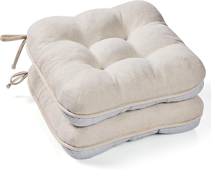 BETU Chair Cushions for Dining Chairs Set of 2,3.5" Thick Kitchen Table Chair Pads with Ties,Non Slip Backing and Covers, Seat Cushion for Dining Room,Bar,Patio Chairs,16"X16"X3.5",Beige