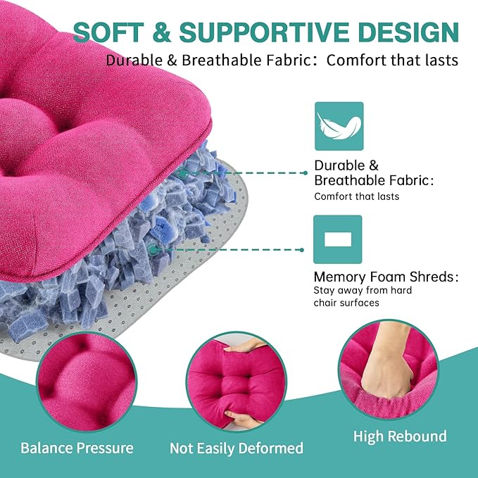 BETU Chair Cushions for Dining Chairs Set of 4,3.5" Thick Kitchen Table Chair Pads with Ties,Non Slip Backing and Covers, Seat Cushion for Dining Room,Bar,Patio Chairs,16"X16"X3.5",Hot Pink