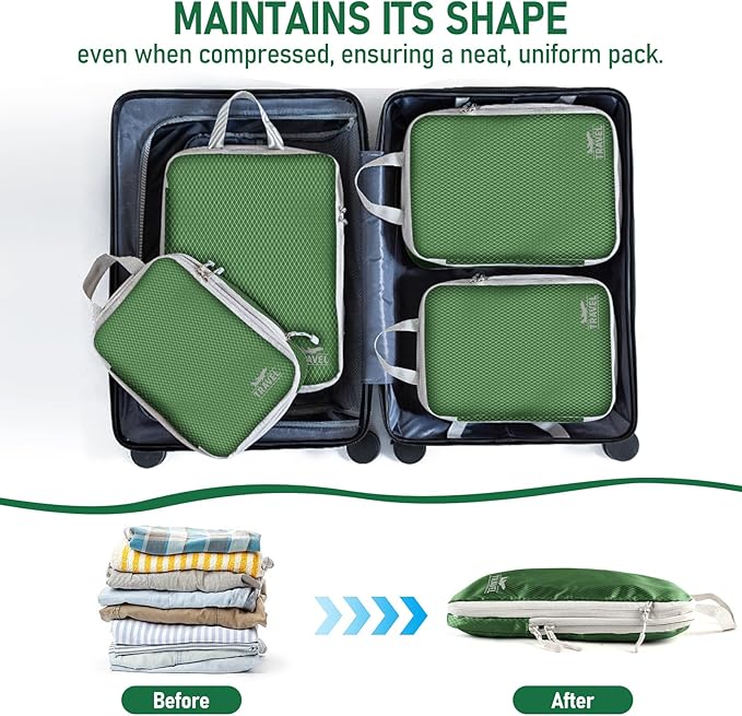 6 Set Compression Packing Cubes, Suitcase Organizer, Lightweight Travel Essentials, Compression Bags For Travel Accessories Luggage Storage Set (6Pcs, Green)