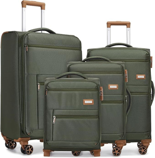 Softshell Luggage Expandable 4 Piece Set (16/20/24/28 Inch) Suitcase Softside Lightweight Luggage Travel Set Elegant Suitcase (Army Green)
