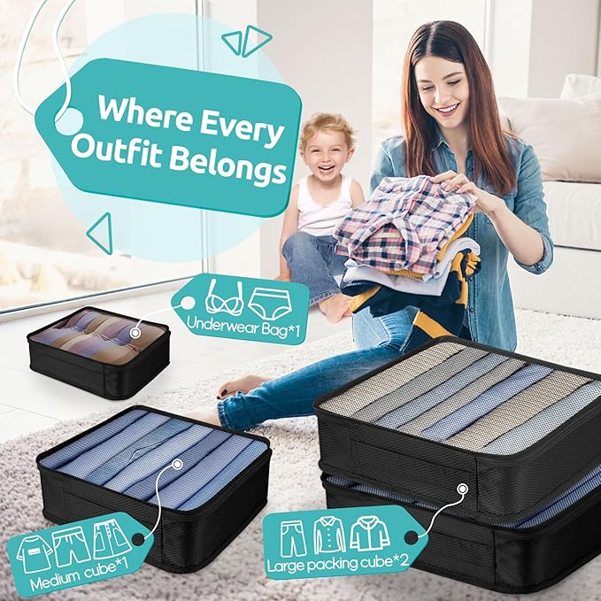 ALL INCLUDED - 12 Set Packing Cubes for Suitcases Carry On, Travel Essentials/Accessories Luggage Organizer Bags Set, Includes Cubes, Shoes Bag, Matte Cosmetic Bag, Zipper Bags