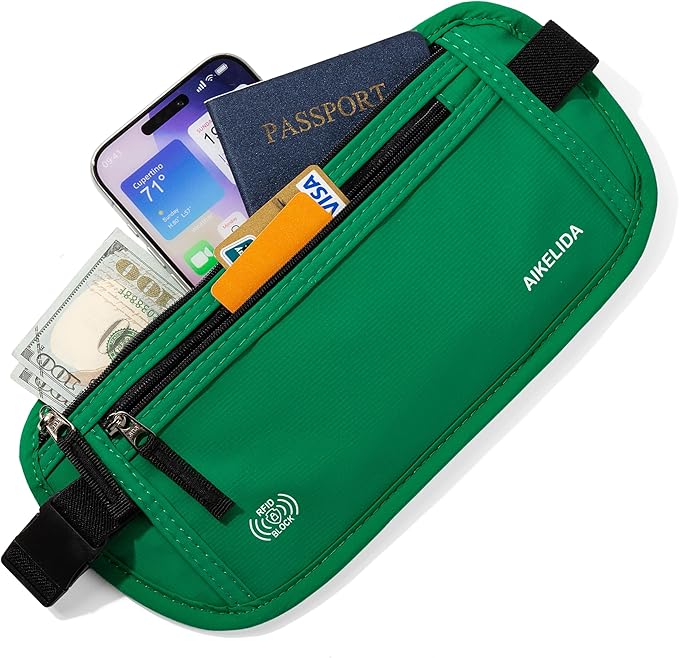 Money Belt - Slim Passport Holder RFID Blocking Travel Wallet Undercover Fanny Packs for Men Women - Green