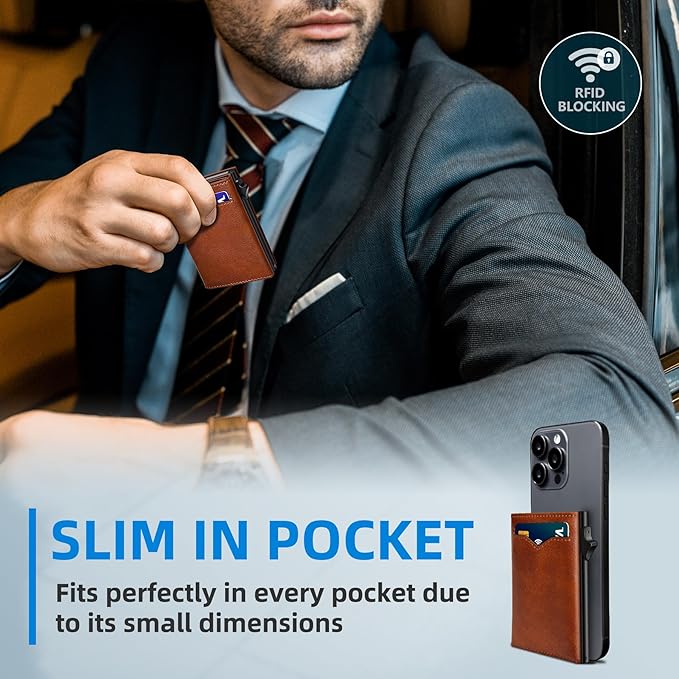 miyozi Wallet for Men,with Cash Pocket 2 ID Window 9-13 Cards,Metal Case Smart Slim Pop Up Credit Card Holder Flip with Magnetic Closure RFID Blocking Trifold wallet with Gift Box