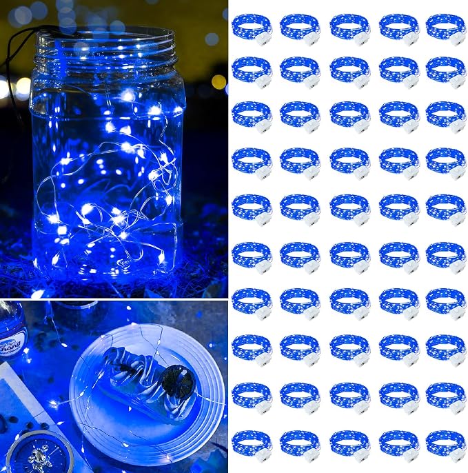 50 Pack Blue Fairy Lights Battery Operated, 7ft 20 LED Mini String Twinkle Lights for Easter Christmas Halloween Mason Jars Centerpiece Table Decorations (50, Blue)