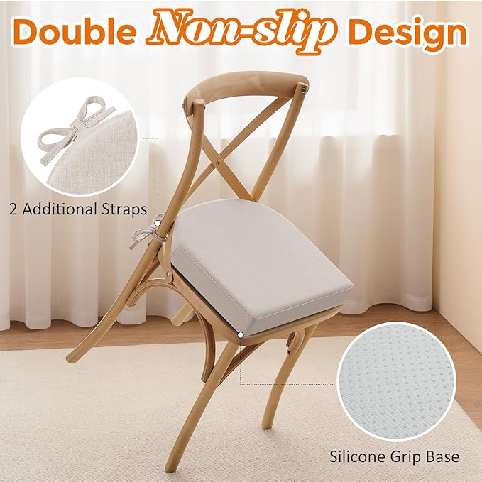 downluxe Chair Cushions for Dining Chairs, Memory Foam Linen Kitchen Chair Pads with Ties, Waterproof, Stain-Resistant and Washable Cover, 17" x 16" x 2.5", Beige, 2 Pack