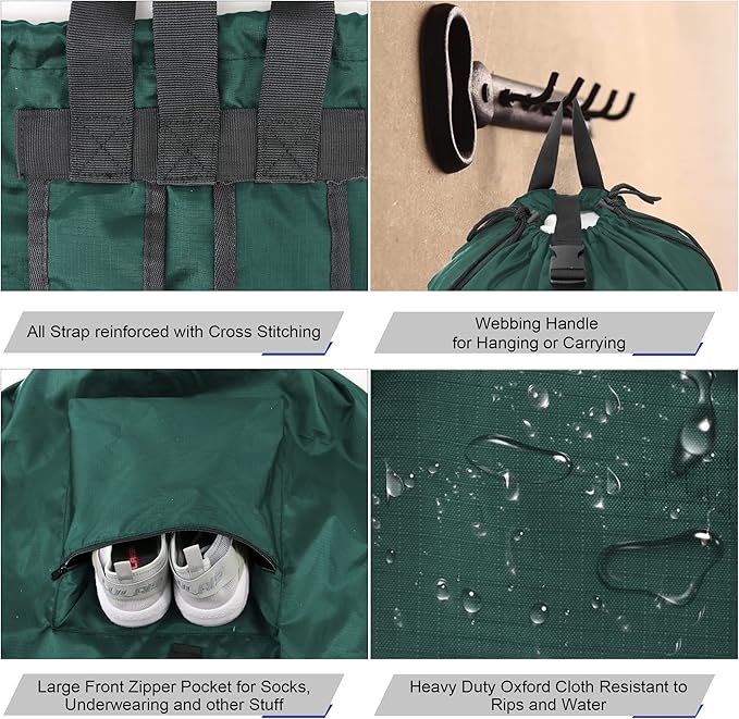 BeeGreen Laundry-Bag-Backpack-Heavy-Duty, Green Nylon Drawstring Portable Laundry Backpack Tall Foldable Extra Large Dirty Clothes Travel Bag with Handle College Dorm Apartment Essentials