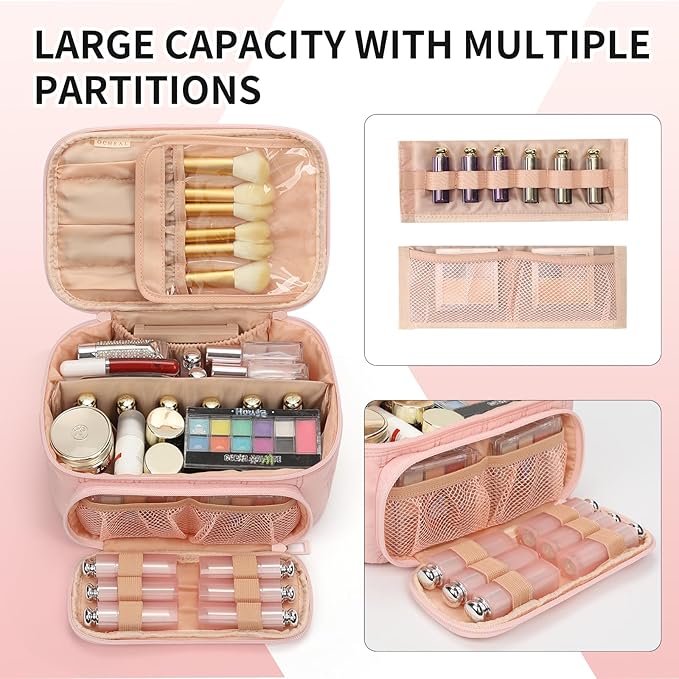 OCHEAL Makeup Bag, Multifunctional Make Up Bags Large Compact Makeup Bag Organizer Cosmetics Toiletry Brushes Storage Makeup Case with Handle for Women Girls Makeup Case with Handle-Pink