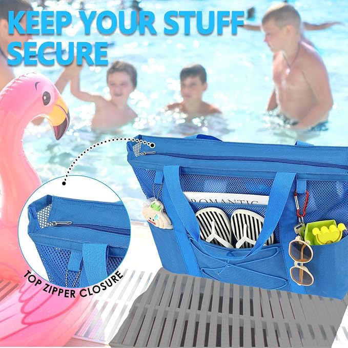 Fammart Mesh Beach Bag, Large Beach Tote with Zipper Pocket, Toys Pool Bag for Family Travel Vacation Cruise Essentials