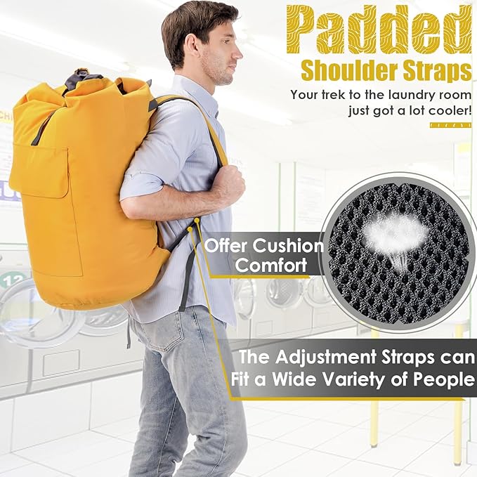 Backpack Laundry Bag, 115L Heavy Duty Extra Large College Laundry Backpack, Dirty Clothes Bag with Shoulder Straps, Laundry Hamper Bag with Drawstring Closure for College Dorm, Apartment Gold