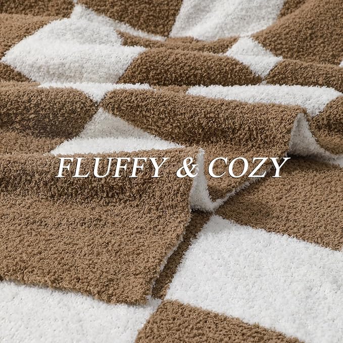 bearberry Fuzzy Checkerboard Grid Throw Blanket Knitted Soft Cozy Warm Microfiber Blanket Decor for Couch Sofa Bed Travel Home (Mocha, 40''x50'')