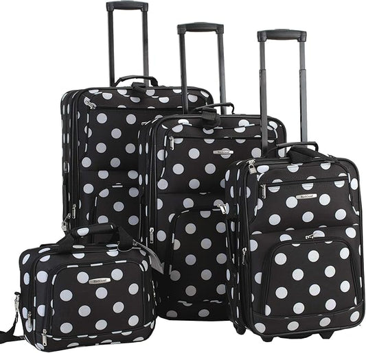 Rockland Polka Softside Upright Luggage Set, Expandable, Lightweight, Black Dot, 4-Piece (14/19/24/28)