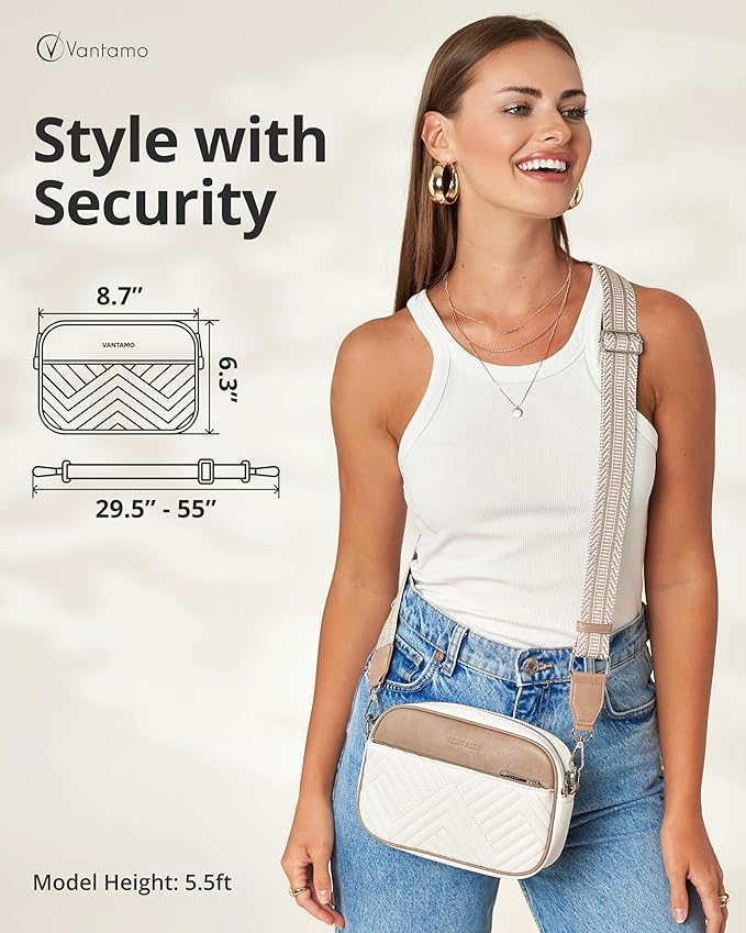 Vantamo Premium Quilted Crossbody Bags for Women with Anti-Pickpocket Clip, Vegan Leather Handbags, Travel Purses for Women