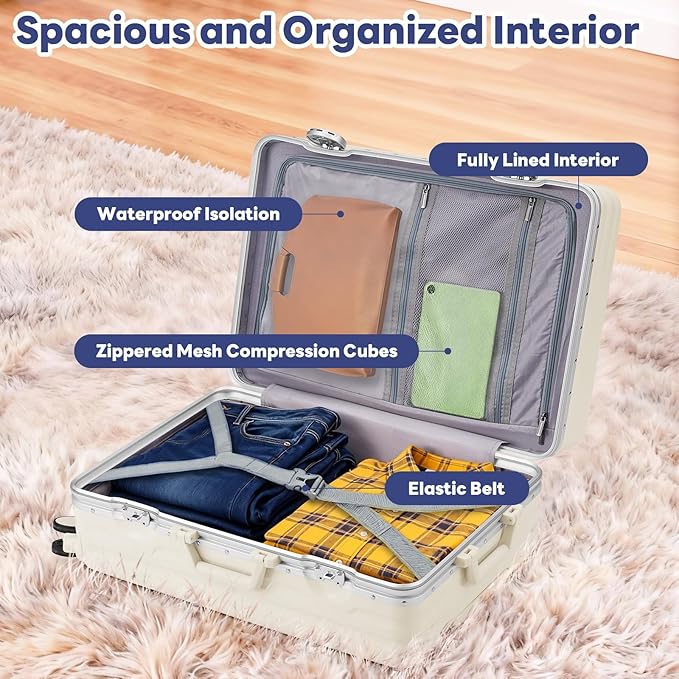 20 Inch Carry On Luggage, Zipperless Luggage with Spinner Wheels, Airline Approved Suitcase with Cup Holder, TSA Lock and USB Charger for Travel, Ivory White