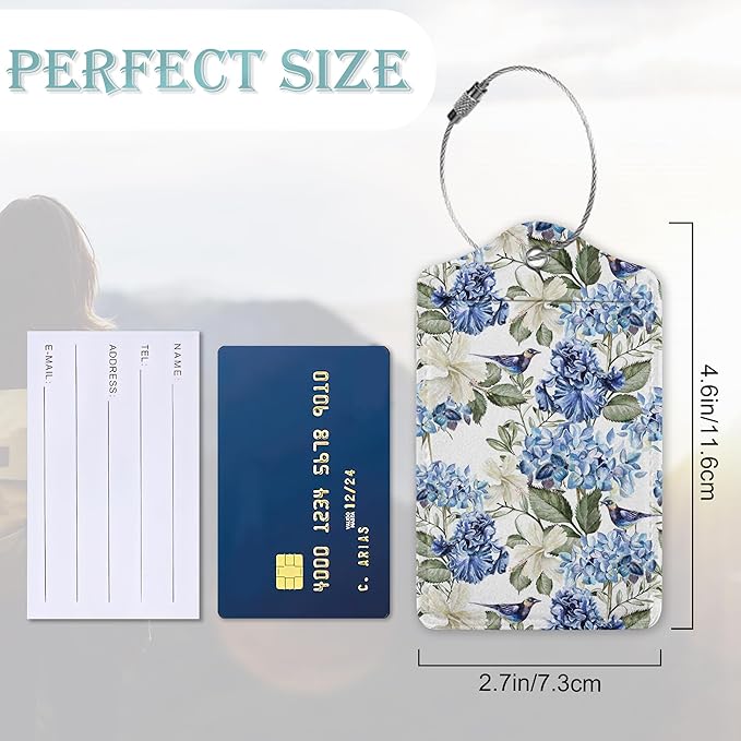 Hibiscus Flowers Luggage Tag,Bird Watercolor Luggage Tags of Set 2 Leather Identifiers Privacy Cover with Stainless Steel Loop for Women Men Travel Bag Suitcase