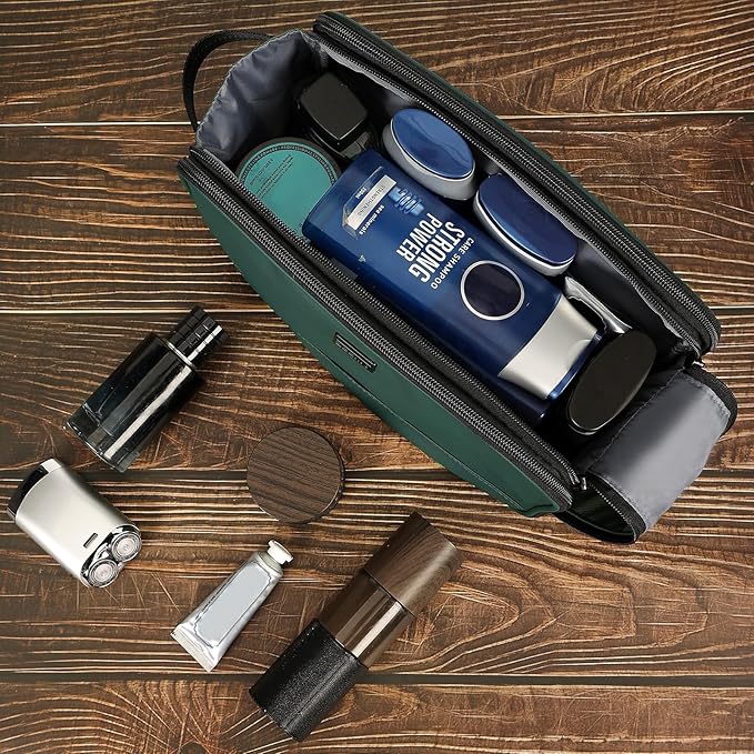 ZEEMO Travel Toiletry Bag for Men, Large Water-Resistant Double-Sided Full-Open Dopp Kit, Versatile Organizer for Shower and Hygiene Accessories, Bathroom Essentials, Cosmetics, Green
