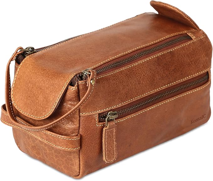KomalC Premium Buffalo Leather Toiletry Bag for Men & Women With Water resistant Lining, Grooming Travel Pouch, Unisex Wash Bag for Toiletries, Gifts for Men and Women