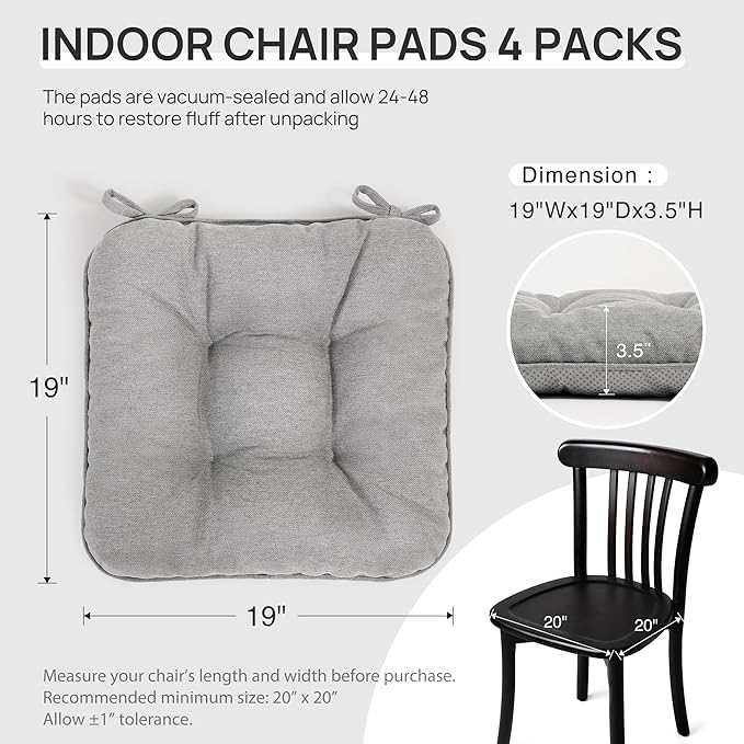 Love's cabin Memory Foam Chair Cushions Set of 4, 19"x19"x3.5" Indoor & Outdoor Seat Pads for Dining, Kitchen, Office, Patio Chairs - Light Grey