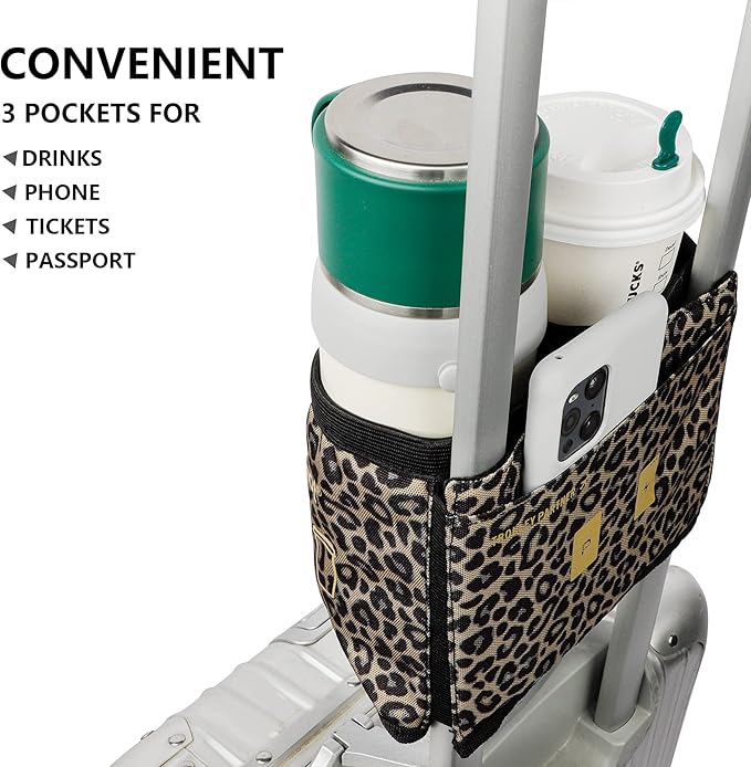 riemot Luggage Travel Cup Holder Free Hand Drink Carrier - Hold Two Coffee Mugs No Spill - Fits Roll on Suitcase Handles - Gifts for Flight Attendants Travelers Accessories Leopard