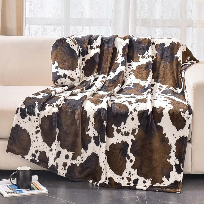 Bnuitland Brown Cow Print Flannel Throw Blanket (60x80 Inches) with Storage Pouch,300 GSM Double Sided Twin Size Bed Fleece Blanket, Super Soft Cozy Outdoor Lap Throw, Lightweight Fuzzy Home Decor