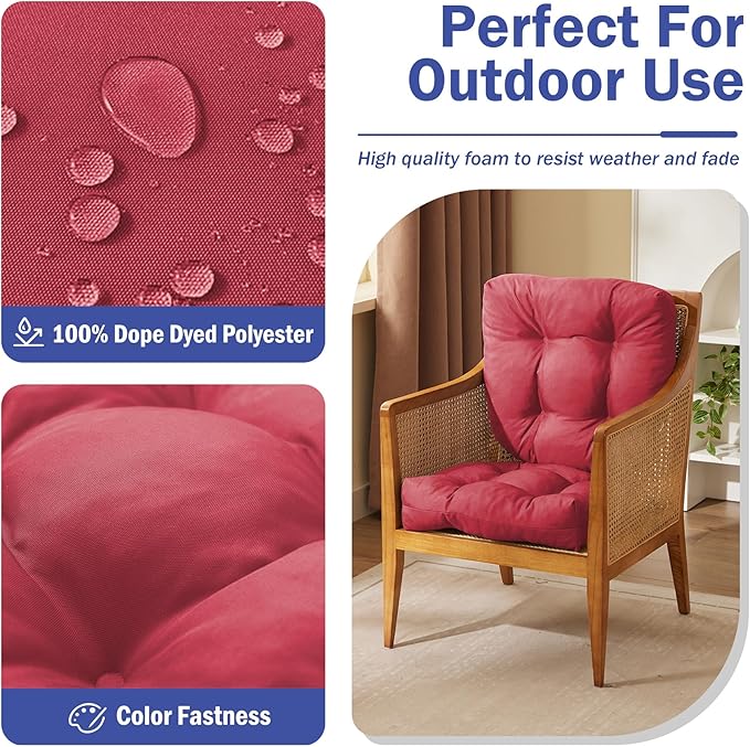 Outdoor Chair Cushions Set of 2, Patio Chair Cushions with Ties, 19x19+5” Tufted Outdoor Seat Cushions, Waterproof Patio Furniture Cushions, Outdoor Dining Chair Pads, Burgundy