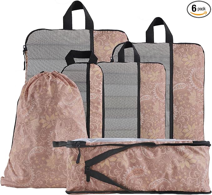U+U 6 Set Compression Packing Cubes - Ultralight Travel Organizers with Laundry Bag, Space-Saving Suitcase Organizer, Expandable Packing Cubes for Travel and Family Vacation (Paisley Pattern)
