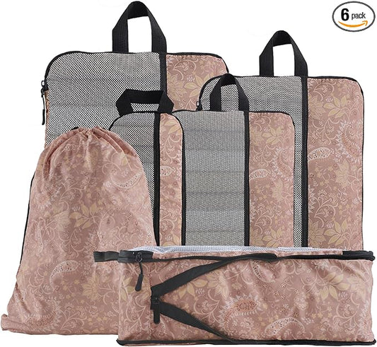 U+U 6 Set Compression Packing Cubes - Ultralight Travel Organizers with Laundry Bag, Space-Saving Suitcase Organizer, Expandable Packing Cubes for Travel and Family Vacation (Paisley Pattern)