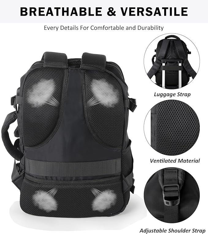 TANTOMI Small Travel Backpack for Women Men, 15.6 Inch Laptop Backpack Flight Approved, Carry-On Bags with USB Charging Port & Shoe Pouch, Casual Daypack on Airplane for Weekender Work Business, Black