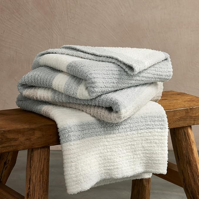 Throw Blanket, Soft Cozy Fluffy Striped Throw Blankets for Couch, Sofa, Bed, Chair, Warm Fuzzy Plush Lightweight Decorative Stripe Blanket, Grey Khaki, 50x60 inches