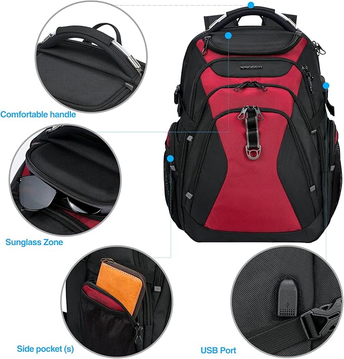 KROSER Travel Laptop Backpack 18.4 Inch XXXL Gaming Backpack with Hard Shell Saferoom RFID Pockets Water-Repellent Business College Daypack Stylish Laptop Bag for Men/Women-Black Red