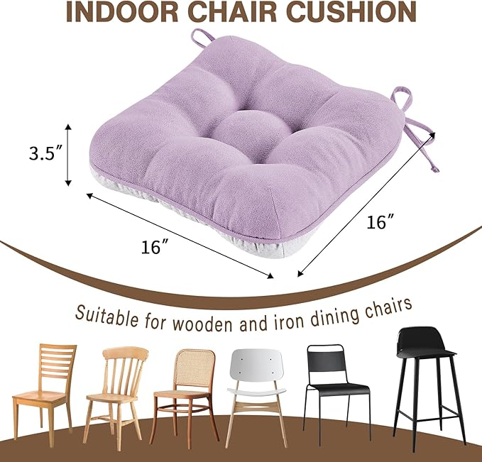 BETU Chair Cushions for Dining Chairs Set of 6,3.5" Thick Kitchen Table Chair Pads with Ties,Non Slip Backing and Covers, Seat Cushion for Dining Room,Bar,Patio Chairs,16"X16"X3.5",Purple