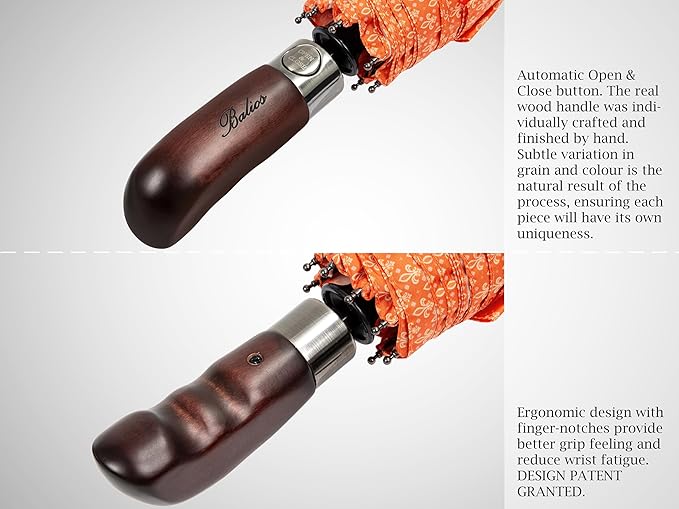 Balios Travel Folding Umbrella with Real Wood Handle Auto Open Close Vented Windproof Canopy - Designed in UK