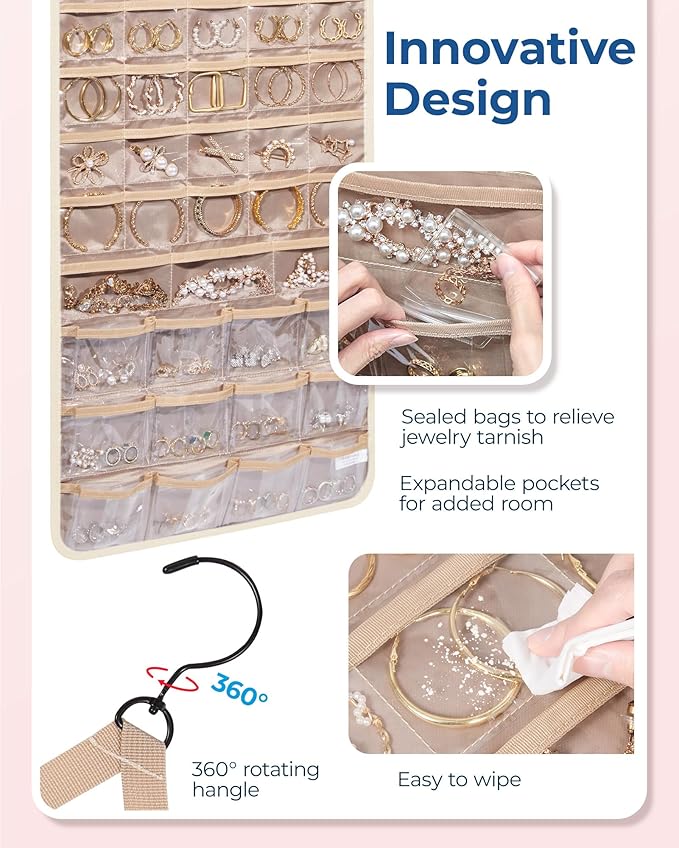 BAGSMART Hanging Jewelry Organizer, Necklace Holder Anti-tangle Earrings Rings Hanger with Pockets Hang on Closet, Wall, Door,1 Piece, Extra Large Beige