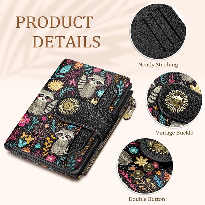 Icycay Raccoon Small Wallet Women RFID Blocking Bifold, Cute Credit Card Holder, Zipper Coin Pocket, PU Leather, Compact, Travel, 4 ID Window, 14 Card Slots, Cash Purse, Ladies Woman Female Girls