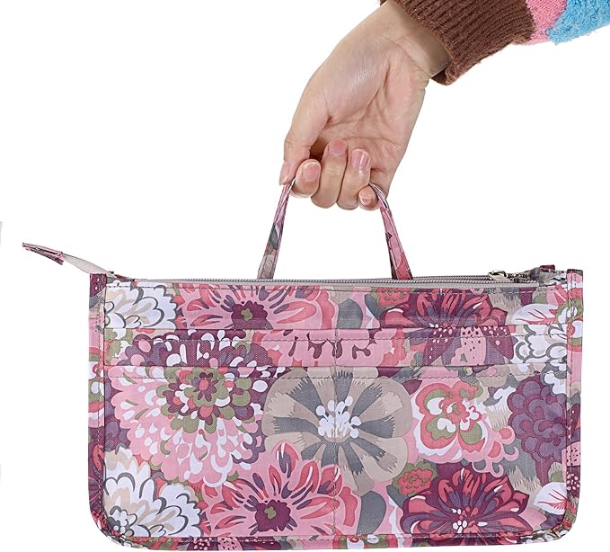 BTSKY Printing Handbag Organizers Inside Purse Insert - High Capacity 13 Pockets Bag Tote Organizer with Handle (Peony)