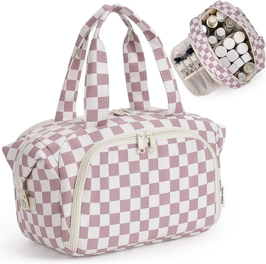 Narwey Travel Toiletry Bag for Women, Large Makeup Bag, Wide Open Cosmetic Make Up Organizer with Handle, Wet Pocket for Towel, Travel Bag for Toiletries, Brushes, Essentials (Dusty Pink Checker)