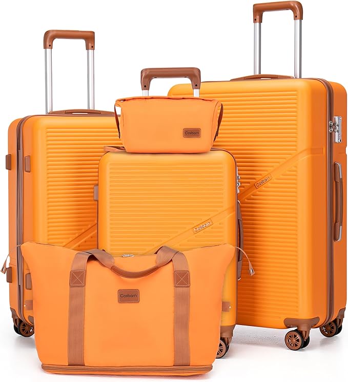 5 Piece Luggage Sets with Spinner Wheels, Hardshell ABS Suitcase Set with Tsa Lock, Lightweight Hardside Waterproof Travel Suitcases for Men Women, Orange (20"/24"/28")