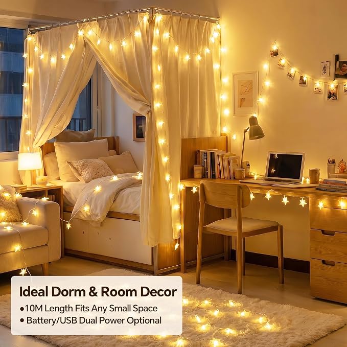 33Ft 80LED Remote Control Fairy Lights Battery and USB Operated, Warm White Star Fairy String Lights with Timer,Waterproof for Home Bedroom Wedding Dorm Wall Window Tent LoftBed Patio Party Decor