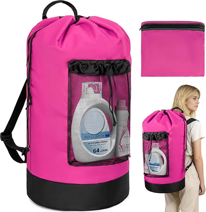 Laundry Bag Backpack with Shoulder Straps and Mesh Pocket Foldable Clothes Hamper Bag with Drawstring Closure for College, Apartment, Laundromat (Hot Pink)