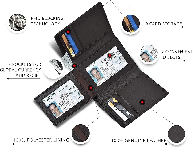 Real Leather Mens Trifold Wallet RFID Blocking Slim Minimalist Front Pocket - Thin & Stylish with ID Window in Gift Box