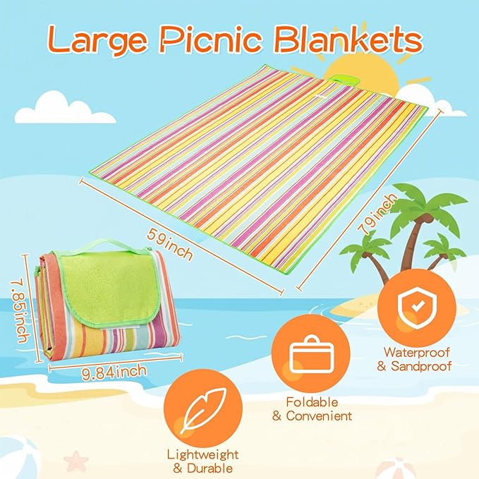 Shellwei 6 Pcs Beach Blankets Waterproof Sandproof Extra Large 80 x 60 Inch Outdoor Picnic Blankets Foldable Portable Beach Mat Tote Travel Supplies for Camping Park Grass(Rainbow Stripes)
