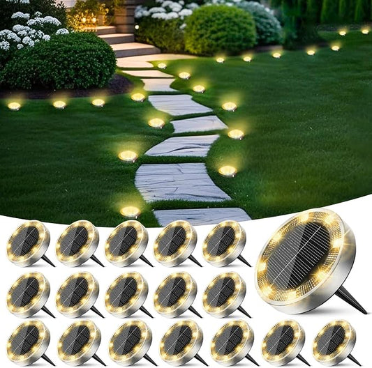 Solar Ground Lights Outdoor, 18 Pack Flat Solar Powered Disc Lights, IP68 Waterproof, Anti-Rust, Landscape Lighting for Pathway Garden Yard Lawn Walkway Landscape Driveway, Mini, Warm White