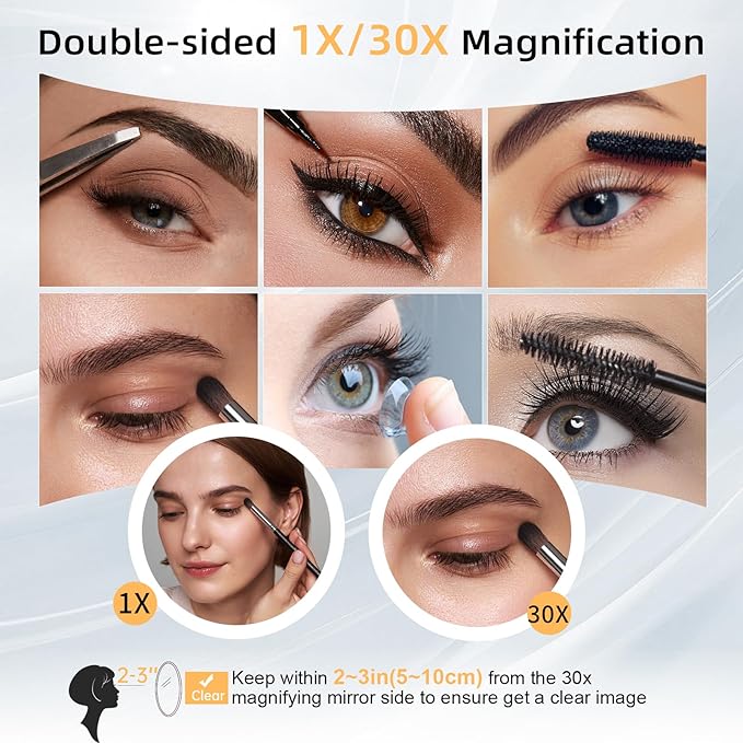 FASCINATE Magnifying Mirror 30X 1X Double Sided Magnification Makeup Vanity Mirror 2000mAh Rechargeable Lighted Mirror with 3 Color Setting Adjustable Rotation LED Vanity Desk Mirror