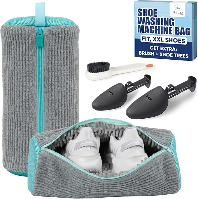 Shoe Washing Machine Bag –2 Pcs Reusable Laundry Shoe Bag with Brush & Shoe Trees, 360° Deep Cleaning Sneaker Washing Machine Bag, Fits All Shoe Types & Sizes (Yellow, 14.8 × 7.4 Inches) (2PCS Grey)
