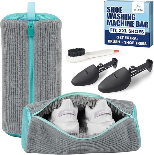Shoe Washing Machine Bag –2 Pcs Reusable Laundry Shoe Bag with Brush & Shoe Trees, 360° Deep Cleaning Sneaker Washing Machine Bag, Fits All Shoe Types & Sizes (Yellow, 14.8 × 7.4 Inches) (2PCS Grey)