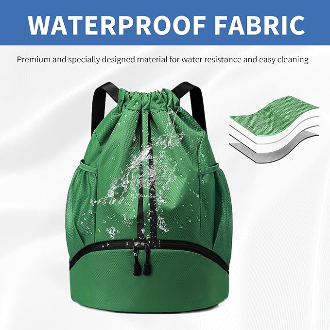 Drawstring Backpack Gym Bag with Shoes Compartment for Soccer, Basketball, Swim, Water-Resistant String Backpack Beach Cinch for Women Men, Dark Green