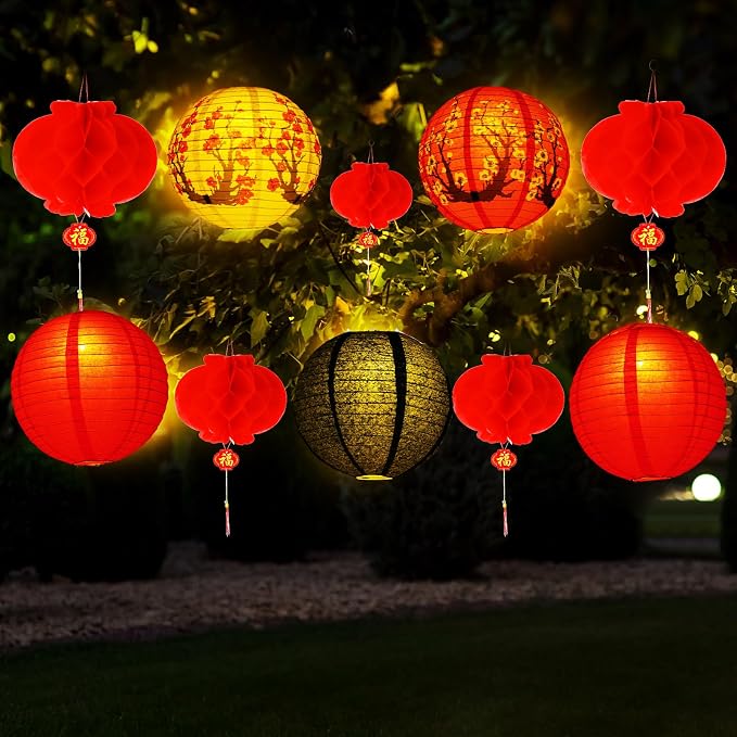 30 Pcs Chinese Japanese Paper Lanterns with LED Light, 2026 Chinese Lunar New Year Decoration Cherry Blossom Red Hanging Lanterns for Spring Festival Home Decor(Multi Size,Red, White, Black)
