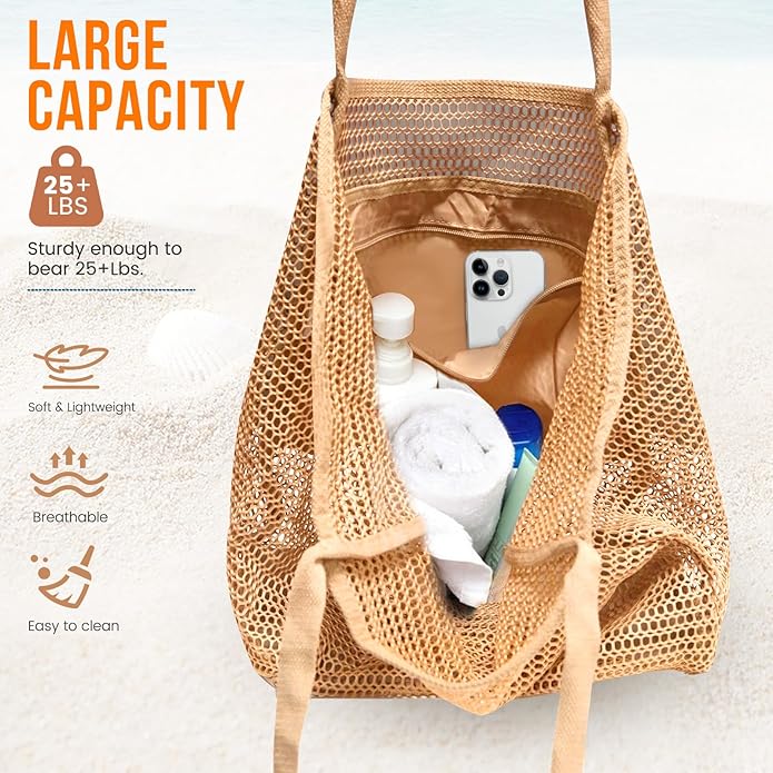 Beach Bags for Women, Summer Travel Mesh Tote Bag with Large Inner Pocket, Sandproof Woven Shoulder Handbag
