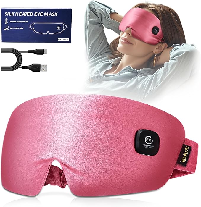 Heated Eye Mask for Dry Eyes - Silk Cordless Warm Eye Compress Moist Heat, Eye Heating Pad for Stye Treatment, Tired Eyes, Sleep, Travel, Washable, Rechargeable, Pink
