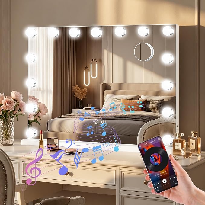 Moonee Vanity Mirror with Lights, Bluetooth Hollywood Lighted Makeup Mirror with 15 Dimmable Bulbs and 10X Magnification, 3 Colors Modes, Light Up Mirror, Gifts for Women, Girls（23" x 18"）
